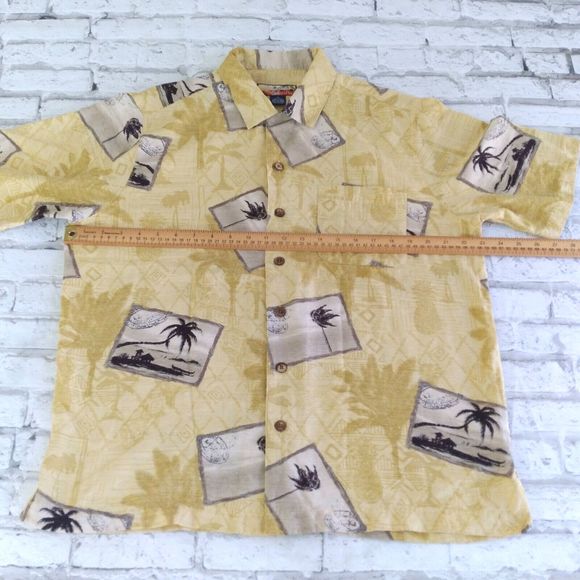 Havana Jacks Cafe Shirt Mens Medium Yellow Floral Silk Hawaiian Postcard Camp - Picture 3 of 9